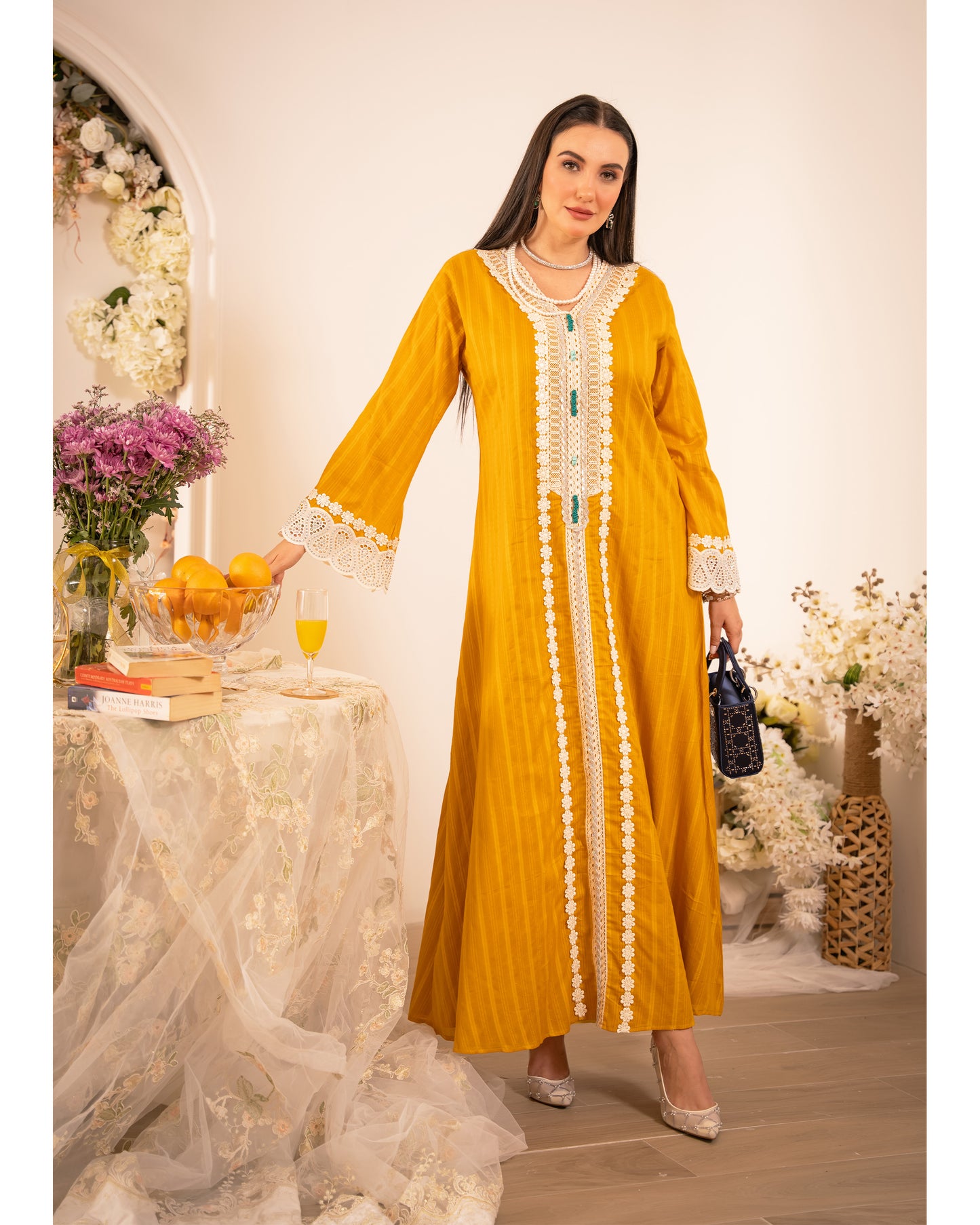 Golden Bloom Jacquard Cotton Jalabiya